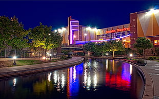 Harkin's Theatres at nighttime