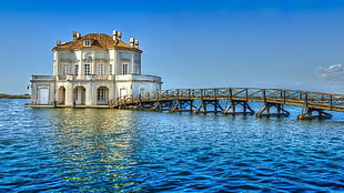 brown footbridge, pier, building, sea, water HD wallpaper