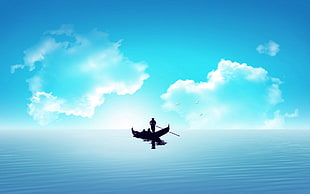 illustration of person riding boat, sea, boat HD wallpaper