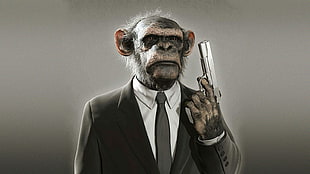 primate wearing black suit jacket holding gray semi-automatic pistol HD wallpaper