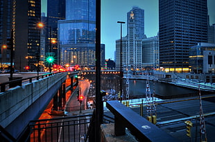 black steel fence, Chicago, urban, city, road HD wallpaper