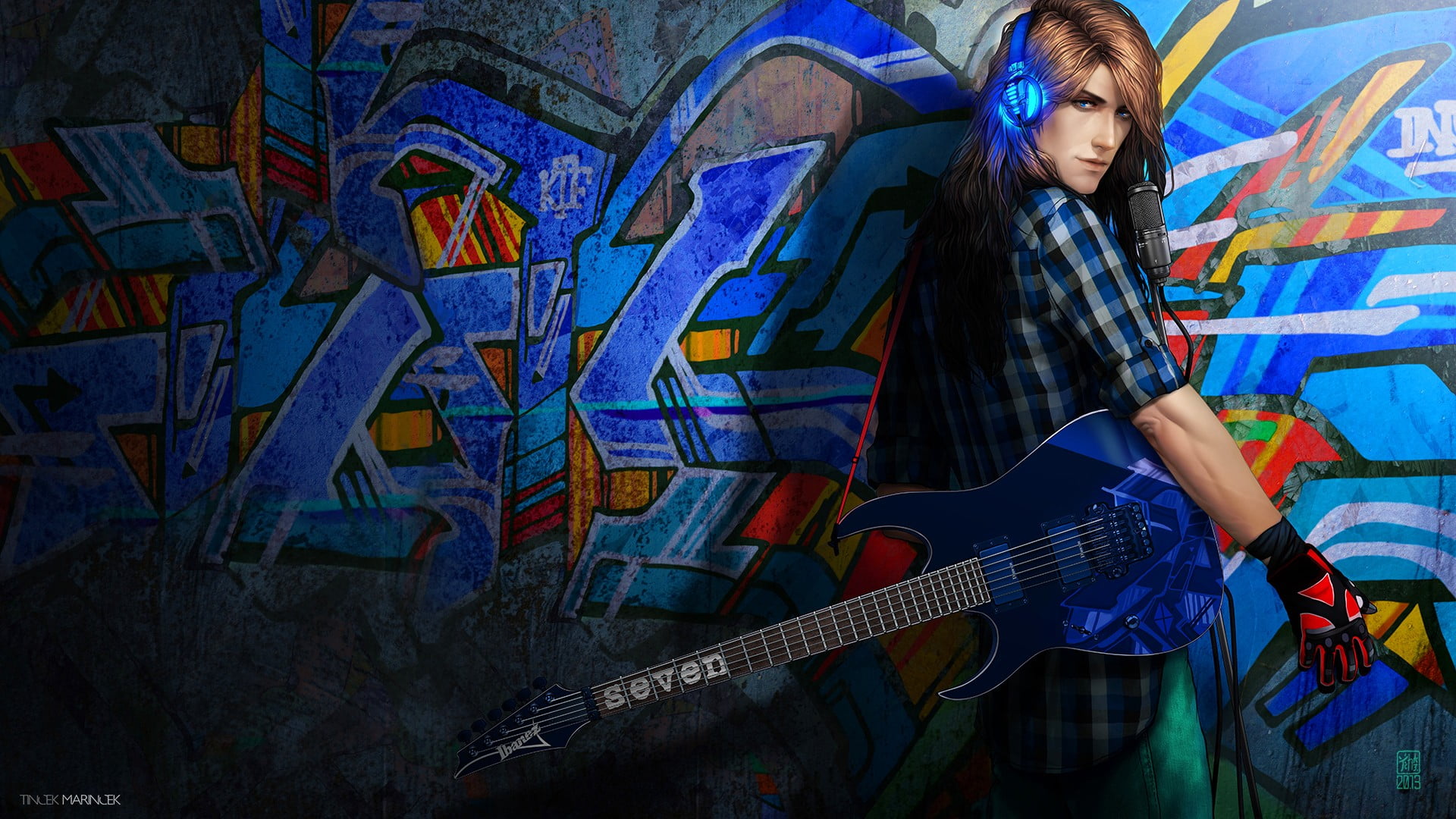 Blue electric guitar, graffiti, artwork, headphones, guitar HD wallpaper |  Wallpaper Flare