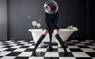 woman in black long-sleeved dress sitting on bathtub HD wallpaper
