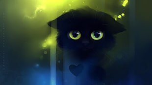 short-fur black kitten, cat, Apofiss, artwork, fantasy art HD wallpaper