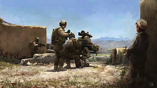 boy watching soldiers with turret painting, military, soldier, war, digital art HD wallpaper