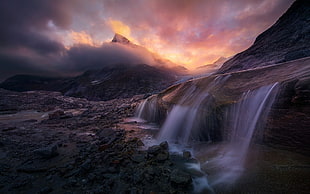 brown mountain range, storm, Alaska, waterfall, sky