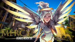 Mercy Heroes never die wallpaper, EICHENWALDE(Overwatch), Mercy (Overwatch), PC gaming, graphic design HD wallpaper