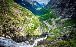 aerial photo of river between valleys, mountains, nature, landscape