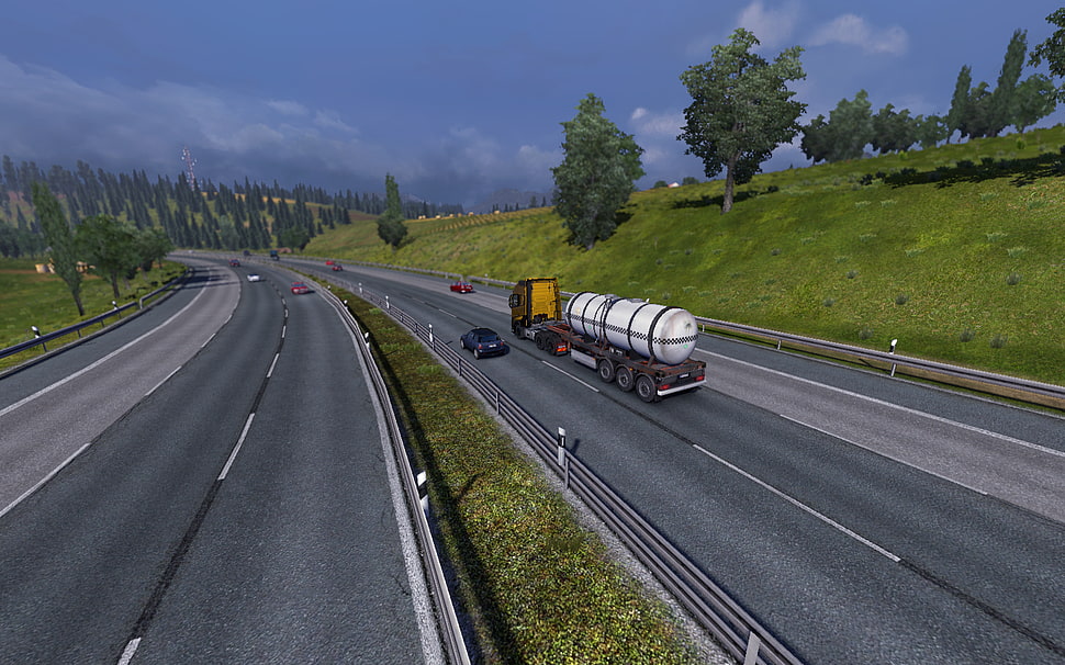 yellow freight truck illustration, video games, Euro Truck Simulator 2, trucks, highway HD wallpaper