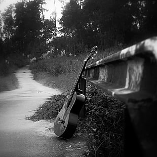 dreadnought acoustic guitar, guitar, monochrome, musical instrument HD wallpaper