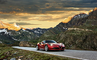 red sports car, Alfa Romeo, red cars, landscape, sunlight HD wallpaper