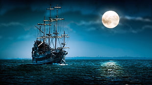 galleon ship on body of water taken during night time with full moon HD wallpaper