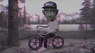 illustration of man with bicycle, anaglyph 3D, hip hop, Tyler the Creator HD wallpaper