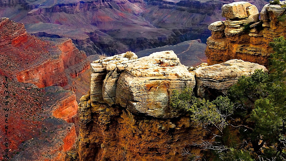 rock monument beside tree, mountains, nature HD wallpaper