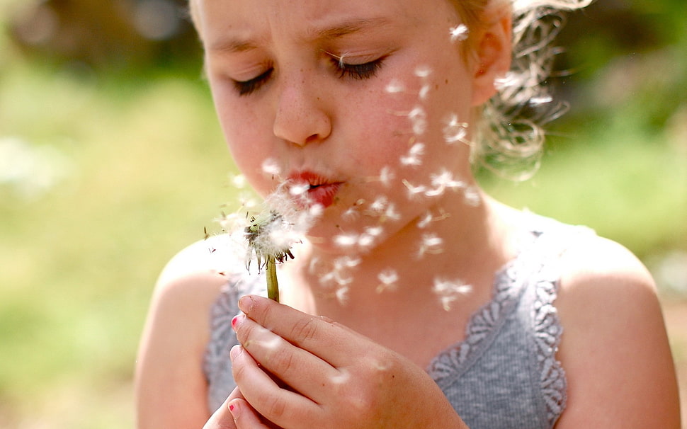 Close-up photography of girl blows a white dandelion flower at daytime ...