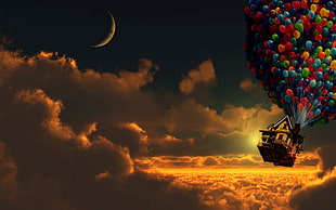 Dreamworks Up digital wallpaper, Up (movie), sunset, balloon, house