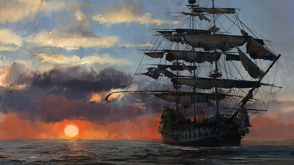 digital painting of galleon, video games, Skull & Bones, sea, sunlight HD wallpaper