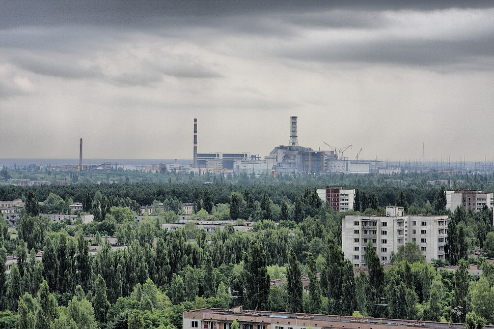 aerial short of trees and buildings, ruin, landscape, Pripyat, Chernobyl HD wallpaper