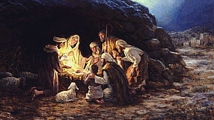 the birth of Christ digital painting, Jesus Christ, Christmas, lights, Virgin Mary HD wallpaper