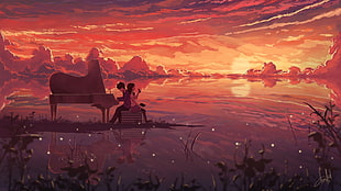 silhouette photo of couple sitting beside each other with man playing the piano on body in the middle of body of water HD wallpaper