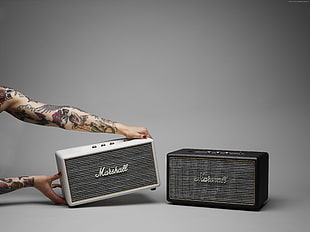 person holding Marshall guitar amplifier