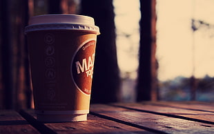 brown labeled disposable cup with lid, urban, coffee HD wallpaper