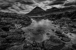 gray scale photography of rock formation near body of water