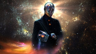 man wearing black suit jacket, robot, cube, space, space art HD wallpaper