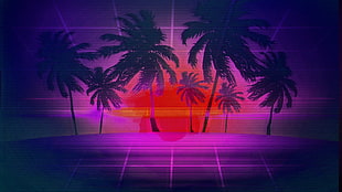 silhouette of coconut palm trees digital illustration, vaporwave, grid, Sun