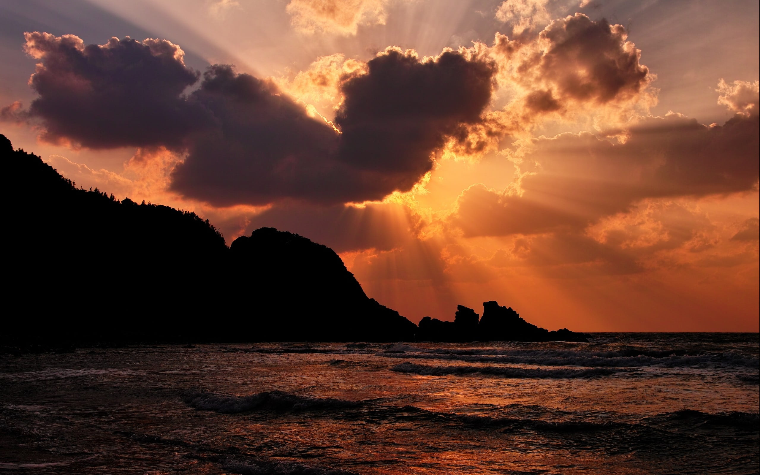 mountain near sea, landscape, nature, mountains, clouds