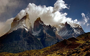 snowy summit, landscape, clouds, mountains