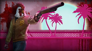 chicken head character holding gun illustration, Hotline Miami, video games, roosters, Hotline Miami 2 HD wallpaper