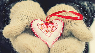 white and red heart decor, heart, Valentine's Day, gloves, love