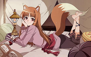 fox woman in purple long-sleeved shirt lying on gray bedspread anime character poster