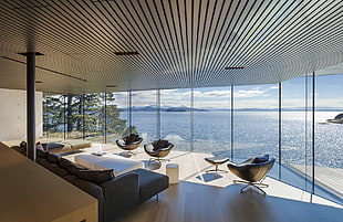 three black armchairs, interior design, far view, sea, window HD wallpaper