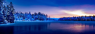 body of water surrounded by pine trees covered in snow under blue sky, irishtown