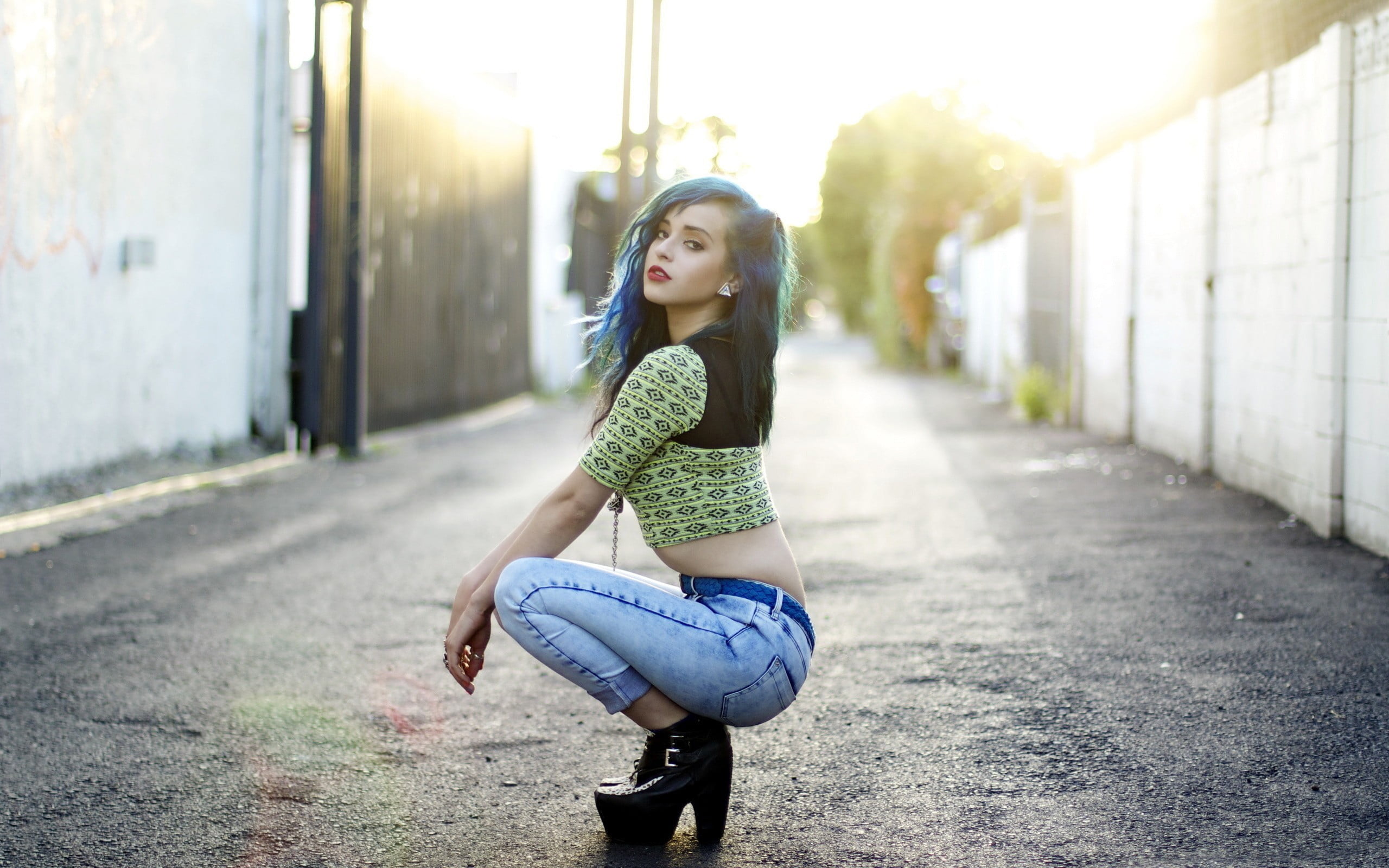 Woman wearing yellow crop top and blue jeans HD wallpaper | Wallpaper Flare
