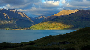 blue body of water, landscape, nature, mountains