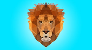 lion head illustration, lion, low poly, blue, brown HD wallpaper