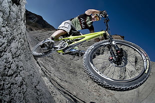 green full-suspension bicycle, mountain bikes, mountains, rocks, sport  HD wallpaper