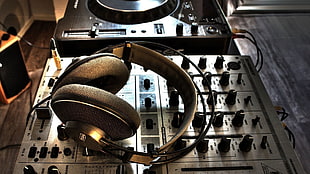 black headphones on gray audio mixer HD wallpaper