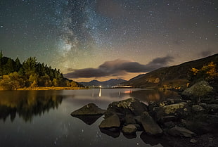 river during sunset with stars in the sky, snowdonia