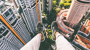 pair of black-and-yellow Nike running shoes, parkour, skywalk, jumping, Nike