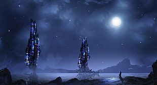 two black tower castles wallpaper, futuristic, blue, night, landscape HD wallpaper