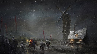 soldiers across windmill painting, windmill HD wallpaper
