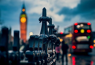 black steel rails, city, Big Ben, London, depth of field HD wallpaper