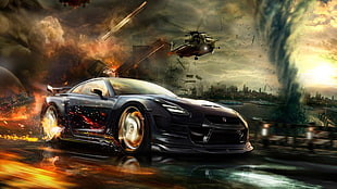 black sports car and black helicopter poster HD wallpaper