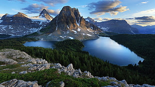 photo of mountain during daytime, forest, mountains, snow, water