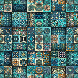 blue, black, and beige floral cloth, texture, pattern HD wallpaper