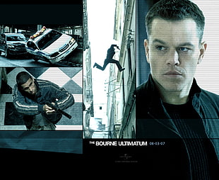 Matt Damon with text overlay, movies, Matt Damon, The Bourne Ultimatum, collage HD wallpaper